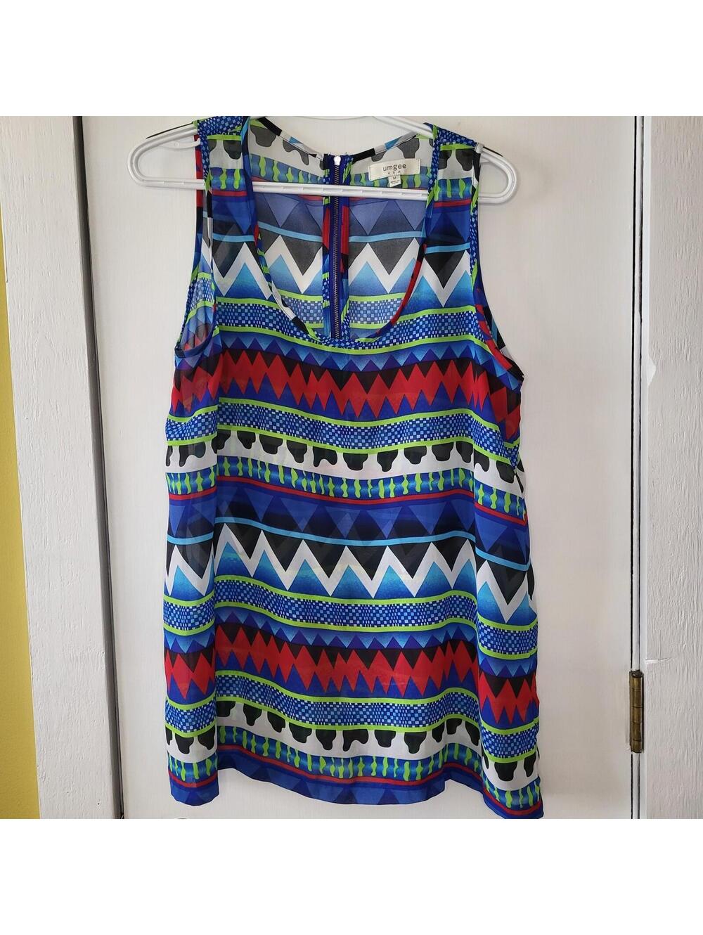 Umgee sleeveless blouse bold multicolored tribal-aztec geometric print sheer med